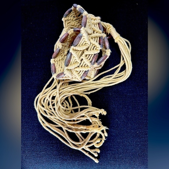Boho Macrame Rope Belt Weaved Wooded Bead Detail Fringe Hippie 36-38 L/XL Beige - Picture 1 of 11